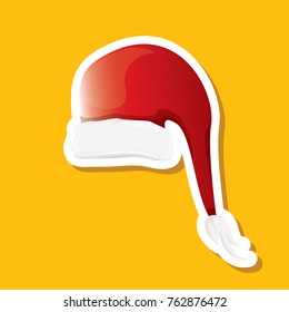 vector red funky Santa Claus hat sticker icon or label isolated on orange background. merry christmas design element for banners and geeting cards