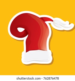 vector red funky Santa Claus hat sticker icon or label isolated on orange background. merry christmas design element for banners and geeting cards