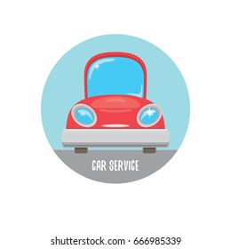 vector red funny cartoon car label isolated on white background. Car service logo design template