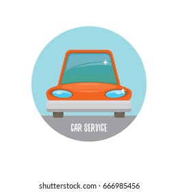 vector red funny cartoon car label isolated on white background. Car service logo design template