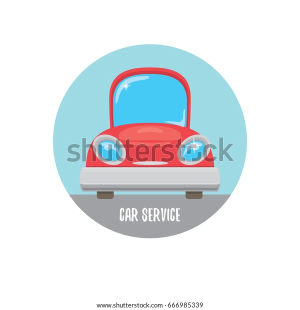 vector red funny cartoon car\
label isolated on white background. Car service logo design\
template