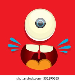 vector red funny monster face. cartoon monster smiling face for kids background or greeting cards