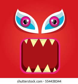 vector red funny monster face. cartoon monster smiling face for kids background or greeting cards. kids hoodie or t-shirt vector graphic design creative template