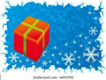 Vector red Gift with blue snowflake background