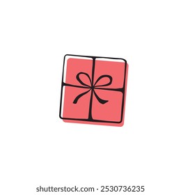 Vector red gift box icon in flat doodle style. Holiday Christmas birthday party present surprise. Top view
