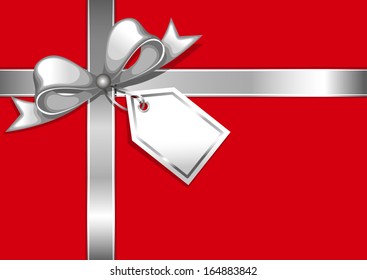 vector red gift box, silver bow and gift tag