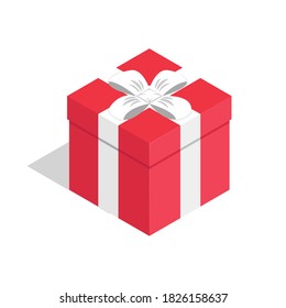 Vector red gift box with the white ribbon. Isometric present on the white background. 