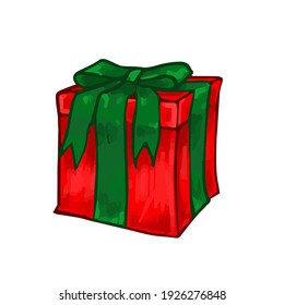 Vector red gift with green ribbon. Isolated graphic icon for christmas, birthday, holiday, new year.