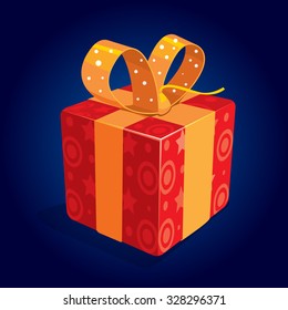 Vector red giftbox with orange ribbon on blue background
