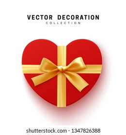 Vector red Gifts box. Isolated realistic gift presents in heart shape view top.