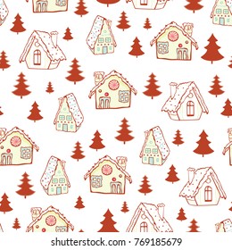 Vector red gingerbread houses and Christmas trees seamless pattern background. Perfect for winter holiday fabric, giftwrap, scrapbooking, greeting cards design projects.