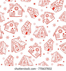 Vector red gingerbread houses seamless pattern background. Perfect for winter holiday fabric, giftwrap, scrapbooking, greeting cards design projects.