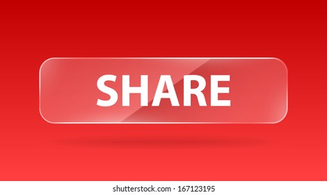 vector red glass button with white sign share and reflection