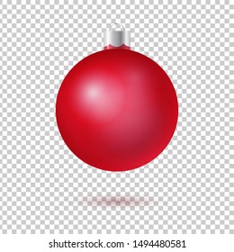 Vector red glass christmas tree ball with patches of light isolated on checkered background. 3D illustration.