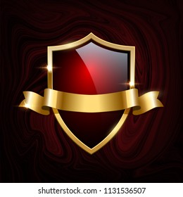 Vector red glass shield with golden frame and ribbon isolated on red liquid or marble background.
