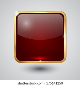 Vector red  glass square button with round corners and golden frame