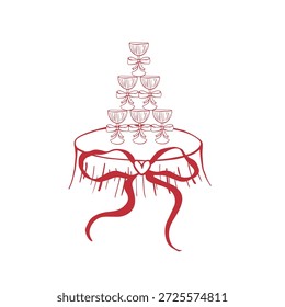 Vector de vidrio rojo con arco caprichoso rojo. Boda, partido, ilustración dibujada a mano 