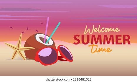vector red glasses starfish coconut water with straw on the beach sand in the evening twilight sky at sunset day