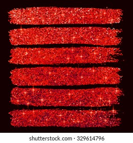 Vector red glitter brushstrokes set isolated at black background