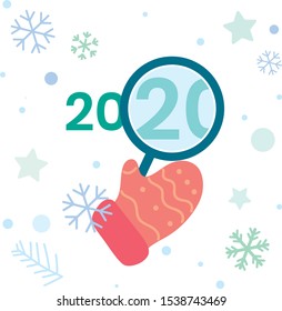 Vector red glove looking for 2020. Happy new year and Merry Christmas. Snowflake pattern.