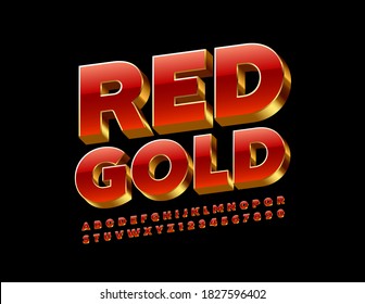 Alfabeto vector rojo y oro. Fuente Decorativa 3D. Juego de letras y números brillantes premium