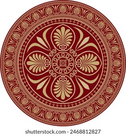 Vector red and gold colored round ornament of ancient Greece. Classic circle pattern of the Roman Empire