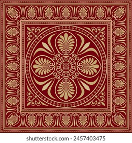 Vector red and gold colored square ornament of ancient Greece. Classic tile pattern of the Roman Empire