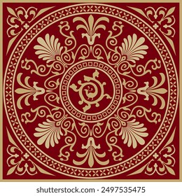 Vector red and gold colored square ornament of ancient Greece. Classic tile pattern of the Roman Empire