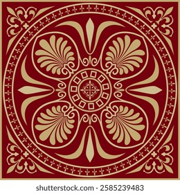 Vector red and gold colored square ornament of ancient Greece. Classic tile pattern of the Roman Empire