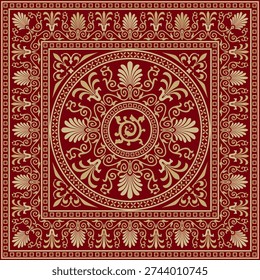 Vector red and gold colored square ornament of ancient Greece. Classic tile pattern of the Roman Empire