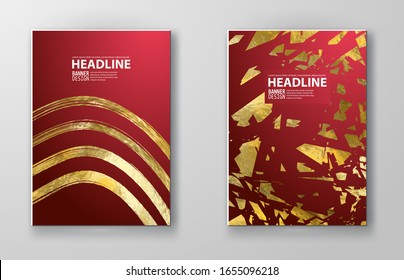 Plantillas de diseño Vector Red y Gold para folletos, volantes, tecnologías móviles, aplicaciones, servicios en línea, emblemas tipográficos, logotipos, banners e infográficos. Fondo De Oro Abstracto Moderno.