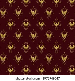 Vector Red and Gold Elegant Medieval Style Seamless Repeat Pattern with Phoenix Bird Elements. Great for Fabric, Wallpaper, Packaging and more