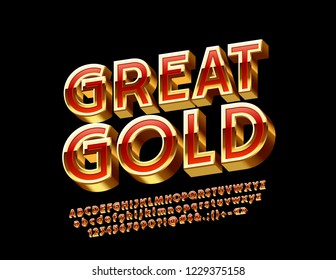 Vector Rojo y Oro Gran Fuente. Letras, números y símbolos de los alfabetos 3D brillantes de lujo