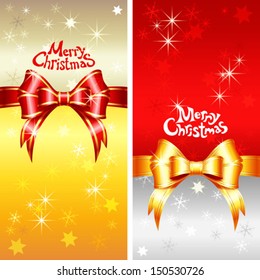  Vector red and gold greeting card with Christmas ribbons, bow and snowflakes