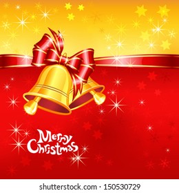  Vector red and gold greeting card with Christmas bells, bow and snowflakes