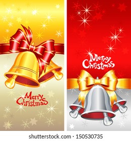  Vector red and gold greeting card with Christmas bells, bow and snowflakes