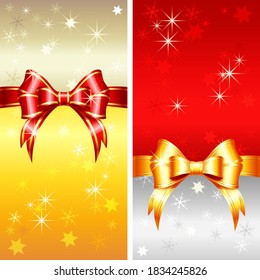Vector red and gold greeting card with Christmas ribbons, bow and snowflakes