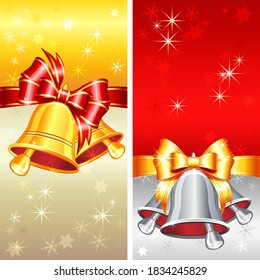 Vector red and gold greeting card with Christmas bells, bow and snowflakes