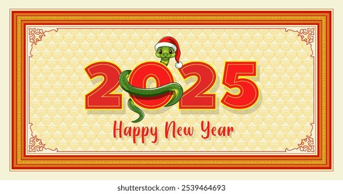 Vector red gold greeting holiday card or poster. Happy New Year 2025. Year of green snake. Chinese horoscope. Cartoon reptile.