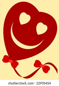 Vector red and gold heart shaped balloon with a smiley face for Saint Valentines Day, with ribbon and bows on a gold background.