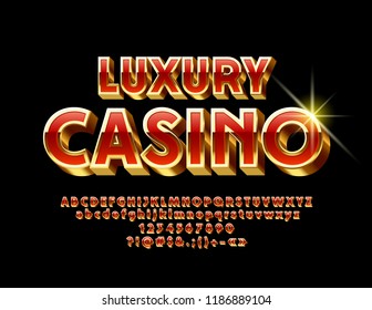 Vector  Red and Gold Luxury Casino emblem. 3D exclusive Font. Chic modern Alphabet Letters, Numbers and Symbols