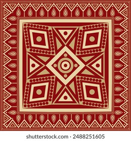 Vector red and gold native american folk ornament. Square pattern, scarf of the peoples of America, Aztec, Incas, Maya