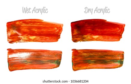 Vector red and gold paint smear stroke stain set. Abstract gold glittering textured art illustration. Gold Texture Paint Stain Illustration. Hand drawn brush strokes vector elements. Acrilyc strokes.