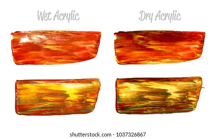 Vector red and gold paint smear stroke stain set. Abstract gold glittering textured art illustration. Gold Texture Paint Stain Illustration. Hand drawn brush strokes vector elements. Acrilyc strokes.