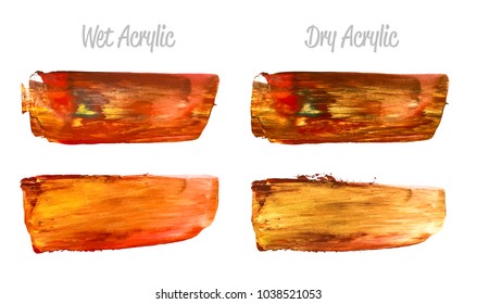 Vector red and gold paint smear stroke stain set. Abstract gold glittering textured art illustration. Gold Texture Paint Stain Illustration. Hand drawn brush strokes vector elements. Acrilyc strokes.