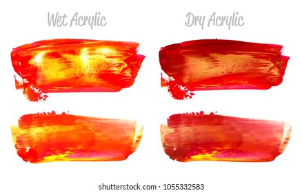 Vector red and gold paint smear stroke stain set. Abstract gold glittering textured art illustration. Gold Texture Paint Stain Illustration. Hand drawn brush strokes vector elements. Color of Spain.