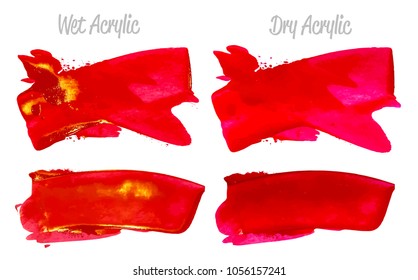 Vector red and gold paint smear stroke stain set. Abstract gold glittering textured art illustration. Gold Texture Paint Stain Illustration. Hand drawn brush strokes vector elements. Color of Spain.