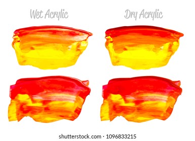 Vector red and gold paint smear stroke stain set. Abstract gold glittering textured art illustration. Gold Texture Paint Stain Illustration. Hand drawn brush strokes vector elements. Red, yellow.