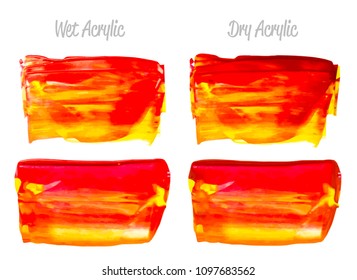 Vector red and gold paint smear stroke stain set. Abstract gold glittering textured art illustration. Gold Texture Paint Stain Illustration. Hand drawn brush strokes vector elements. Red, yellow.