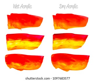 Vector red and gold paint smear stroke stain set. Abstract gold glittering textured art illustration. Gold Texture Paint Stain Illustration. Hand drawn brush strokes vector elements. Red, yellow.